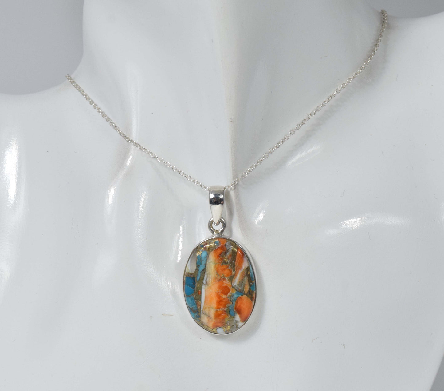 925 Solid Sterling Silver Oyster Turquoise Chain Pendant-19.5 Inch