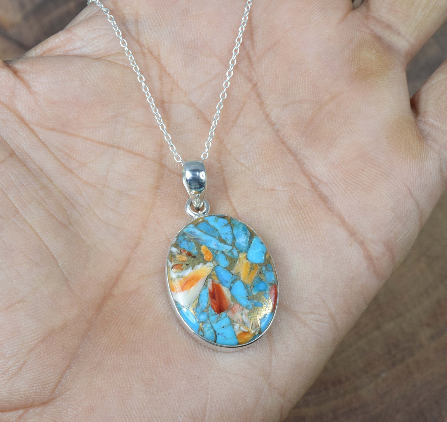 925 Solid Sterling Silver Oyster Turquoise Chain Pendant-19.5 Inch