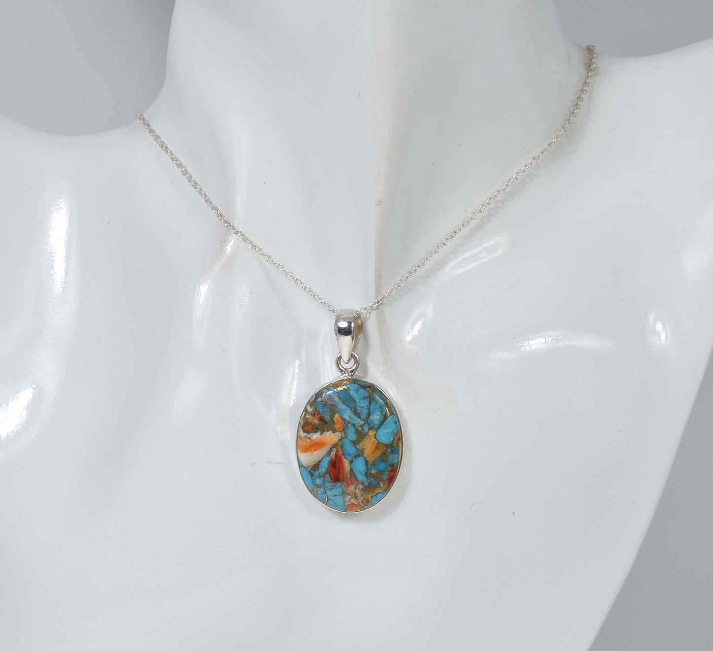 925 Solid Sterling Silver Oyster Turquoise Chain Pendant-19.5 Inch