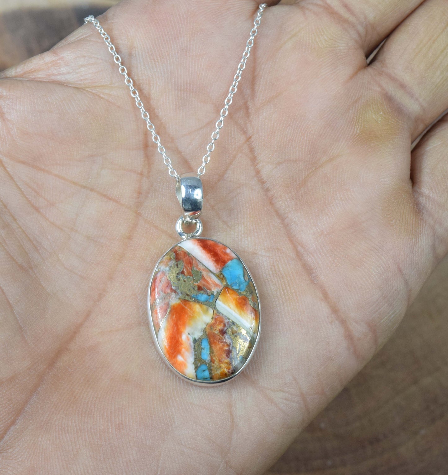 925 Solid Sterling Silver Oyster Turquoise Chain Pendant-19.5 Inch