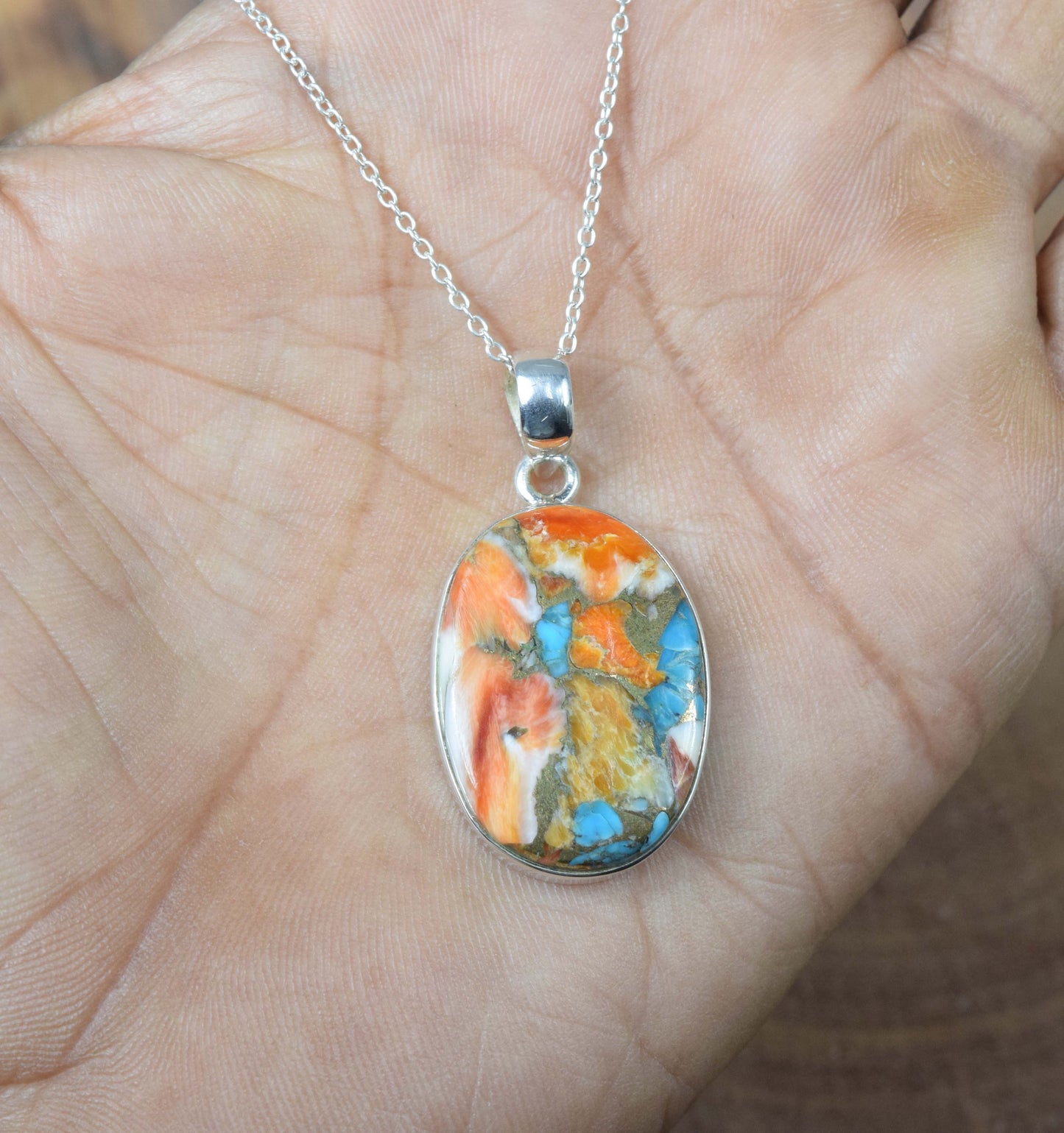 925 Solid Sterling Silver Oyster Turquoise Chain Pendant-19.5 Inch