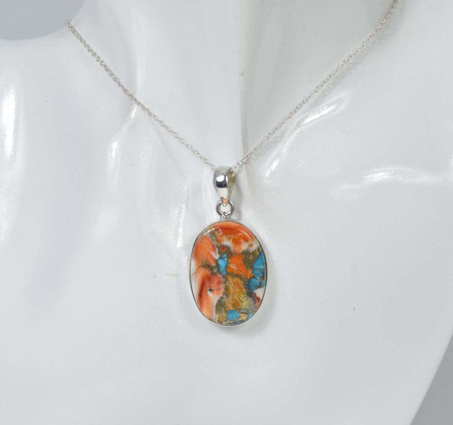 925 Solid Sterling Silver Oyster Turquoise Chain Pendant-19.5 Inch