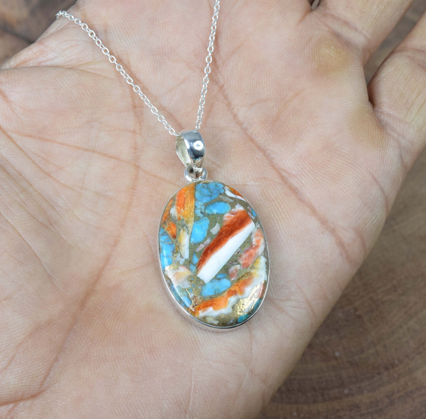 925 Solid Sterling Silver Oyster Turquoise Chain Pendant-19.5 Inch