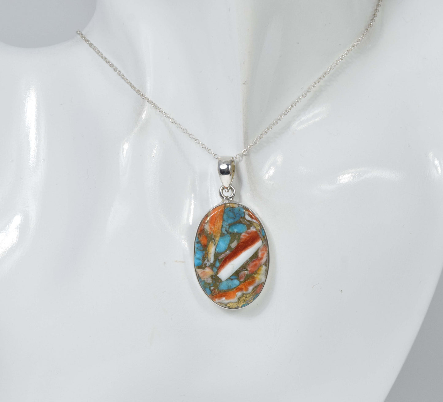 925 Solid Sterling Silver Oyster Turquoise Chain Pendant-19.5 Inch