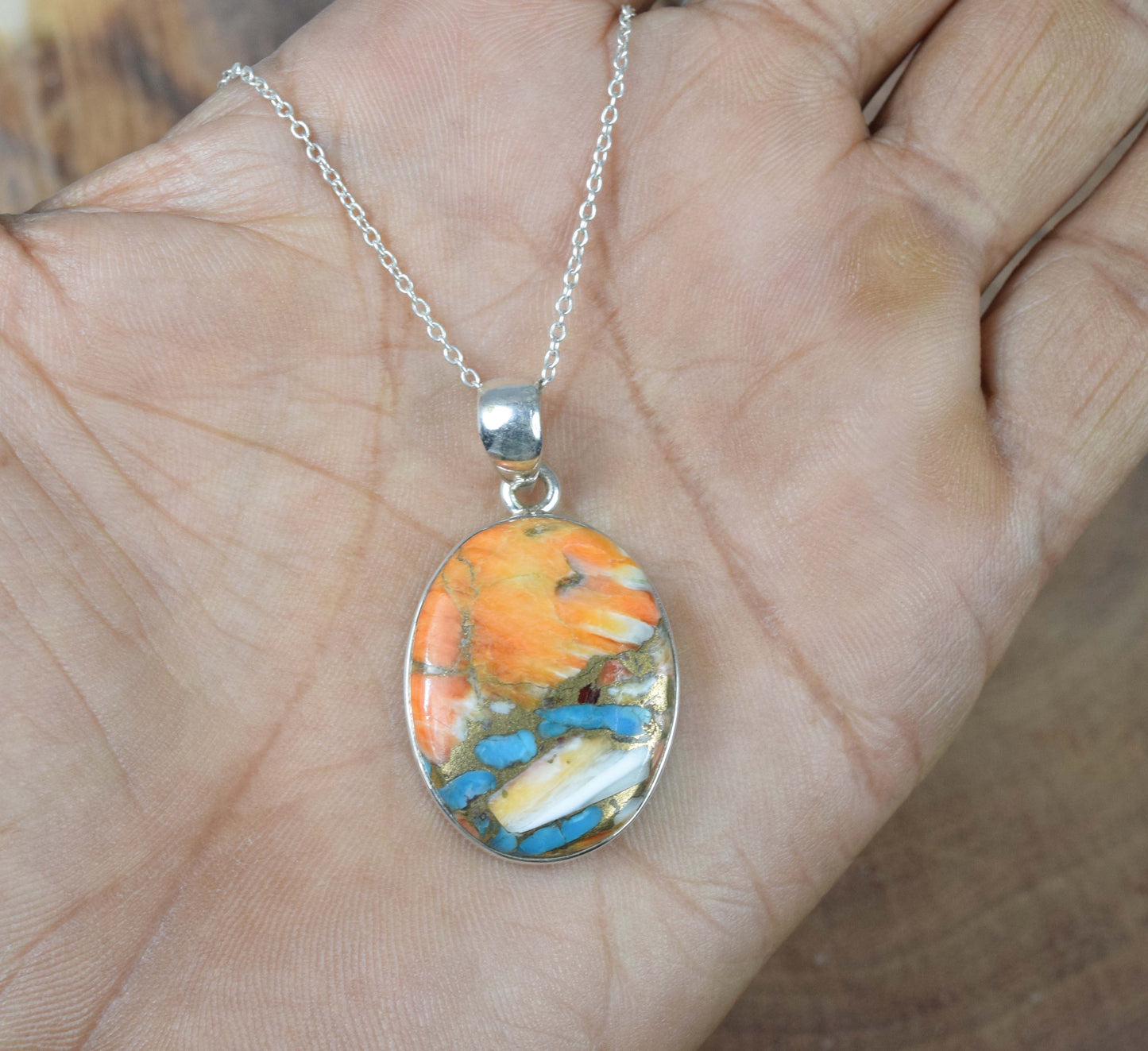 925 Solid Sterling Silver Oyster Turquoise Chain Pendant-19.5 Inch