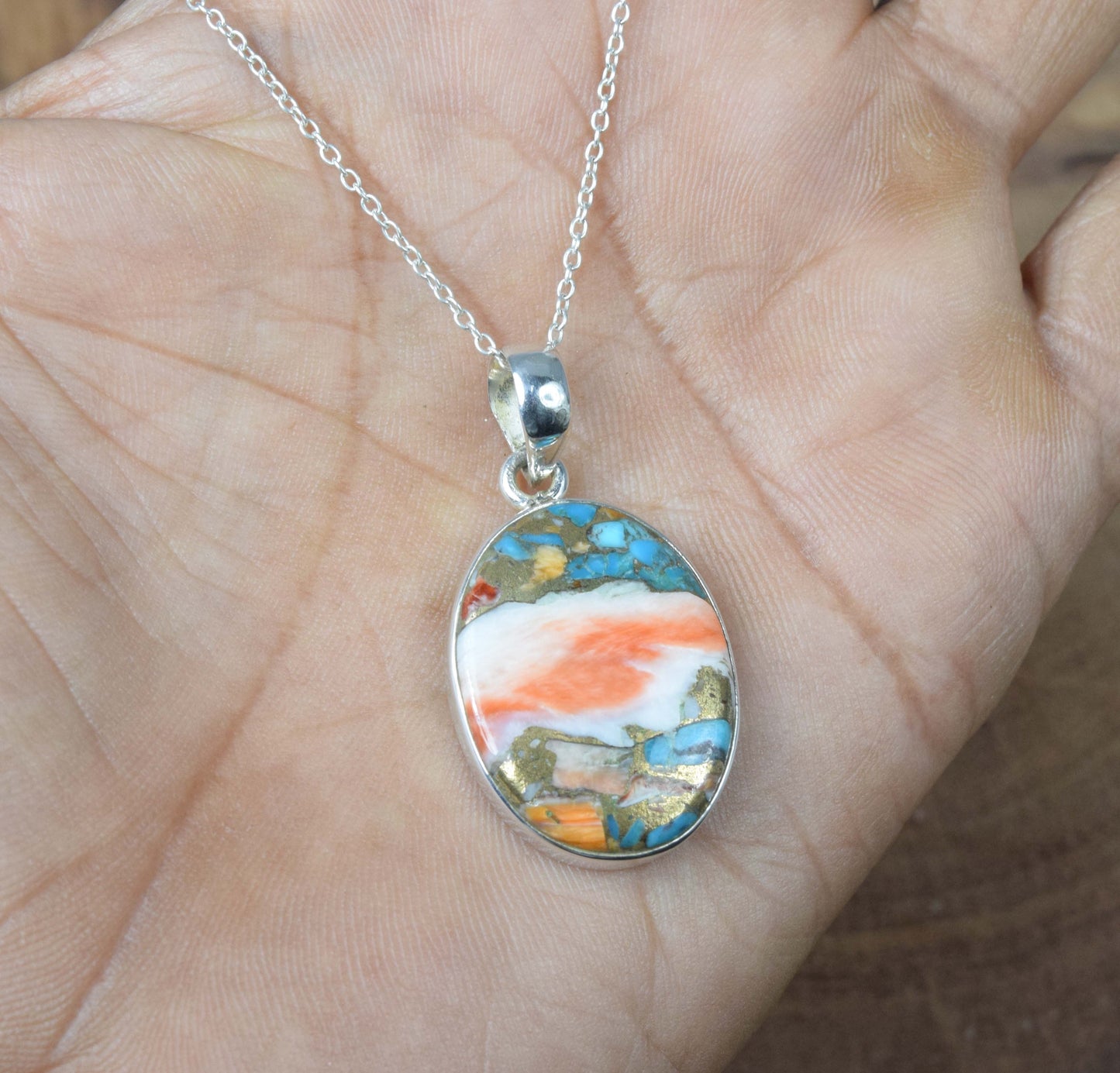 925 Solid Sterling Silver Oyster Turquoise Chain Pendant-19.5 Inch