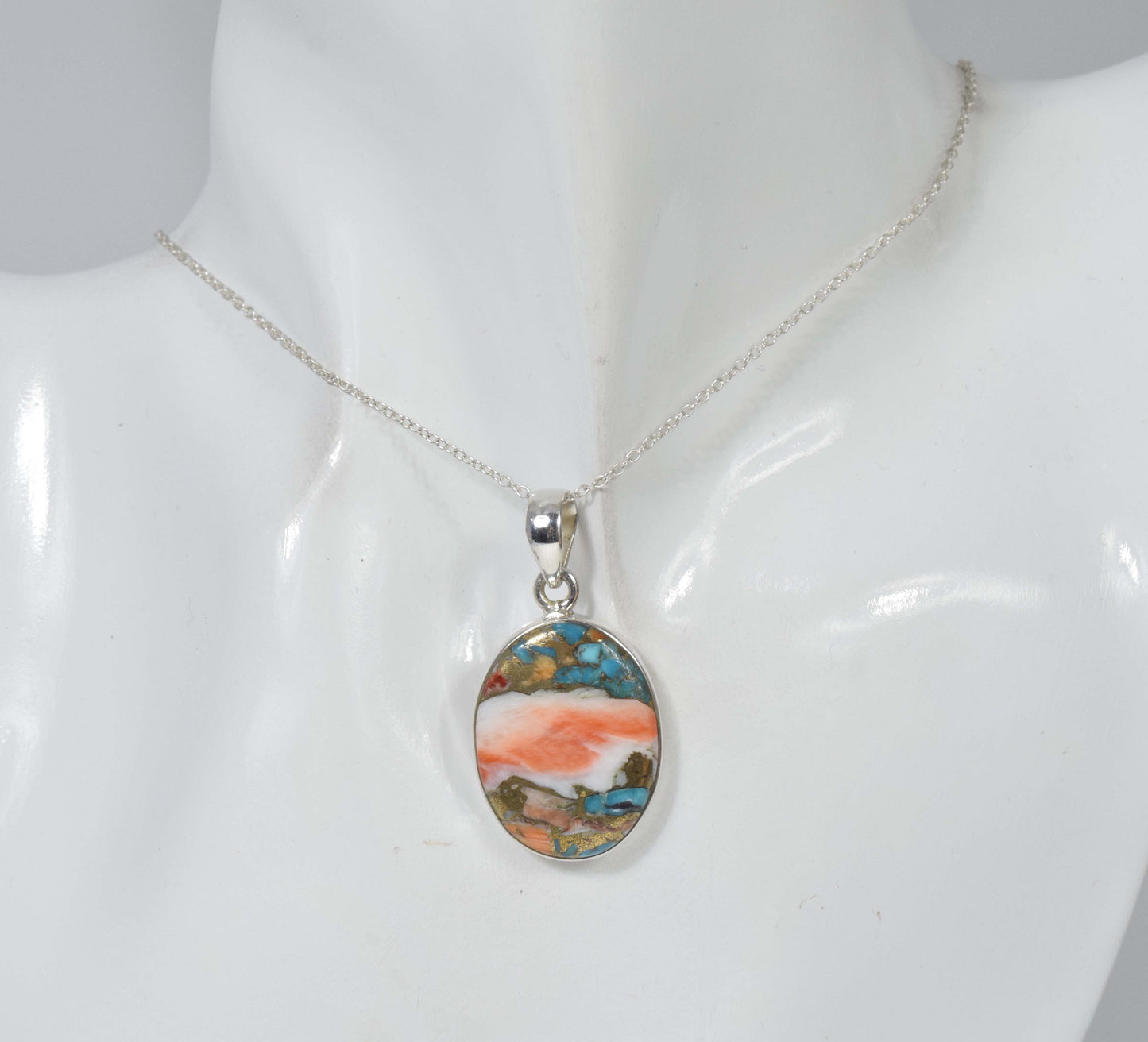 925 Solid Sterling Silver Oyster Turquoise Chain Pendant-19.5 Inch