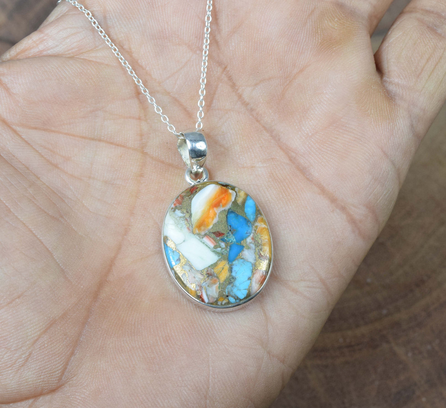 925 Solid Sterling Silver Oyster Turquoise Chain Pendant-19.5 Inch