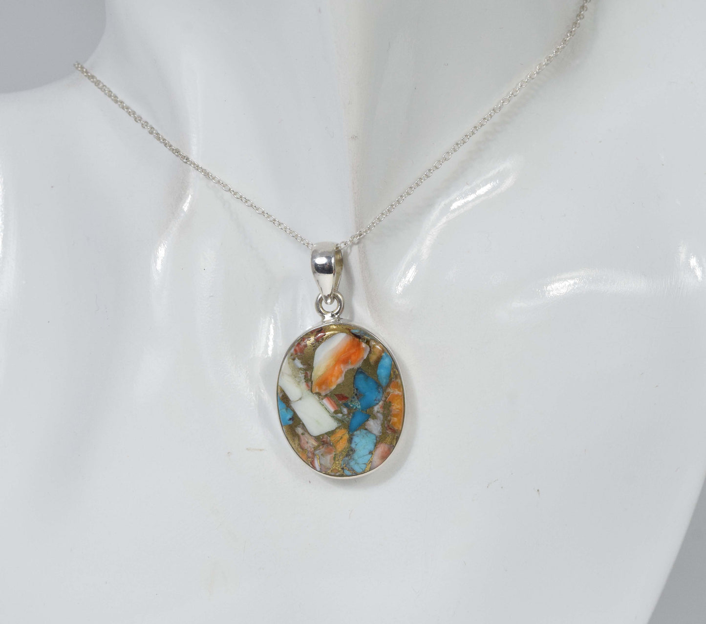 925 Solid Sterling Silver Oyster Turquoise Chain Pendant-19.5 Inch