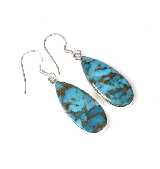 925 Solid Sterling Silver Blue Copper Turquoise Hook Earring-1.7 Inch