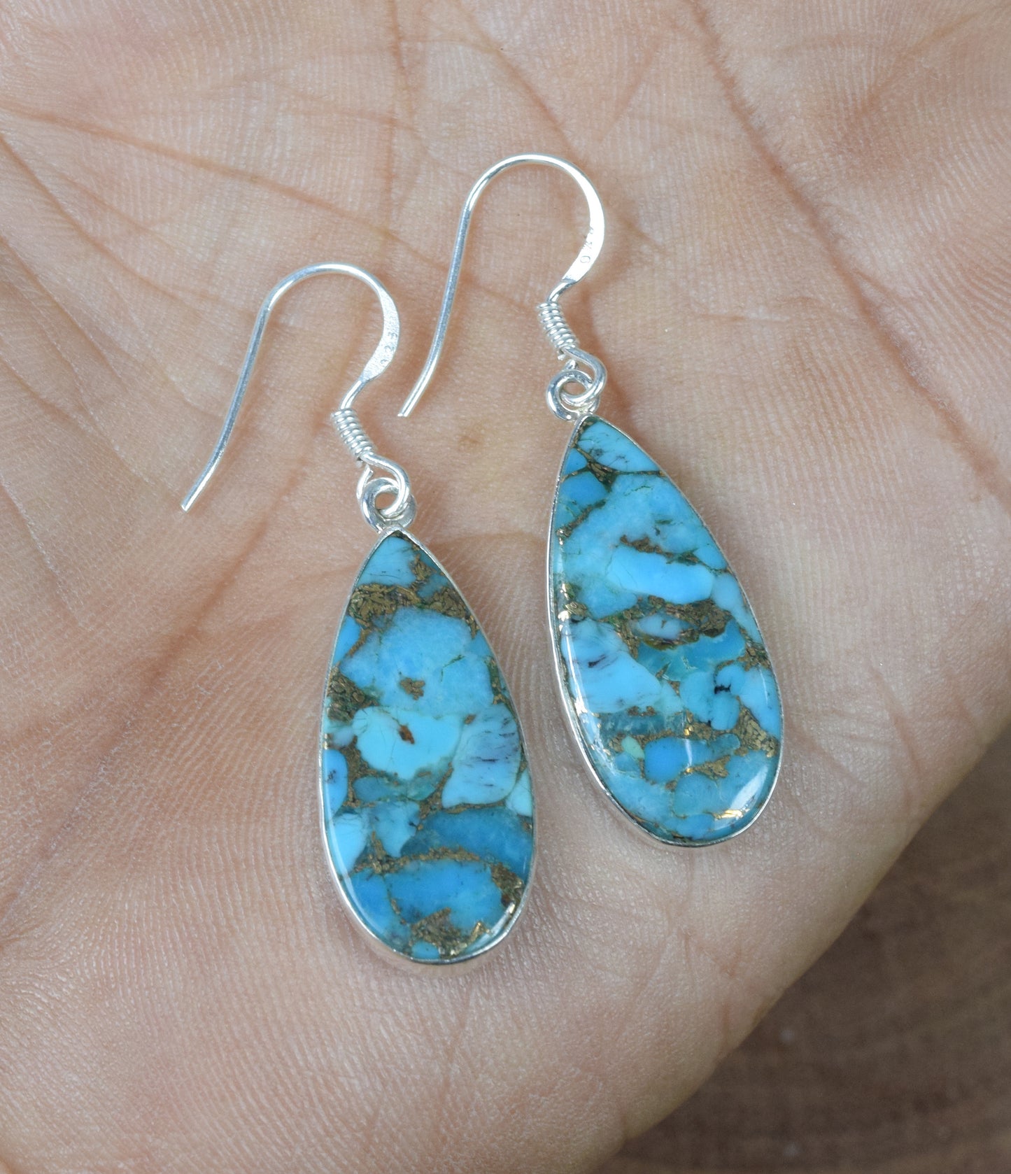 925 Solid Sterling Silver Blue Copper Turquoise Hook Earring-1.7 Inch