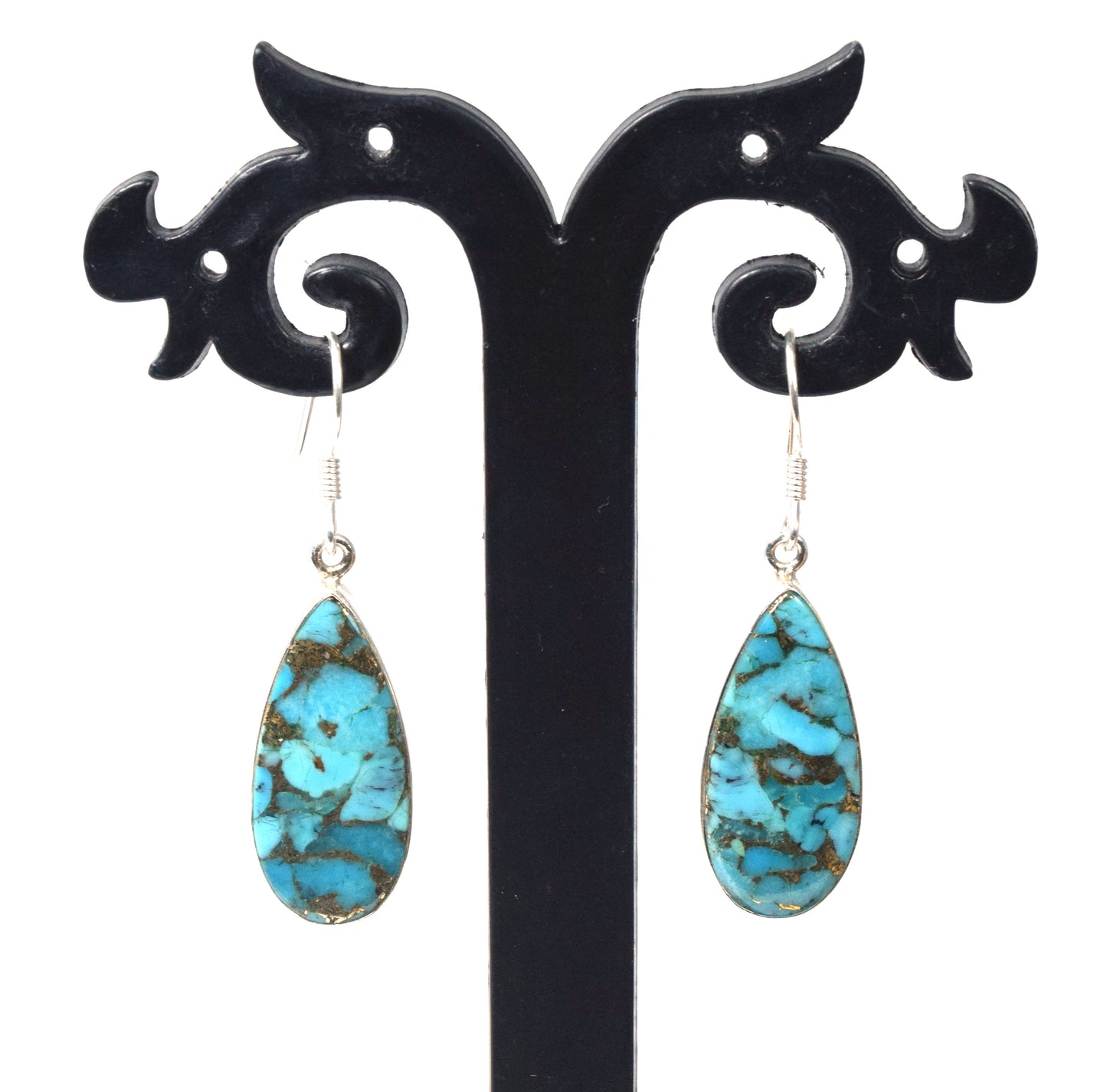 925 Solid Sterling Silver Blue Copper Turquoise Hook Earring-1.7 Inch