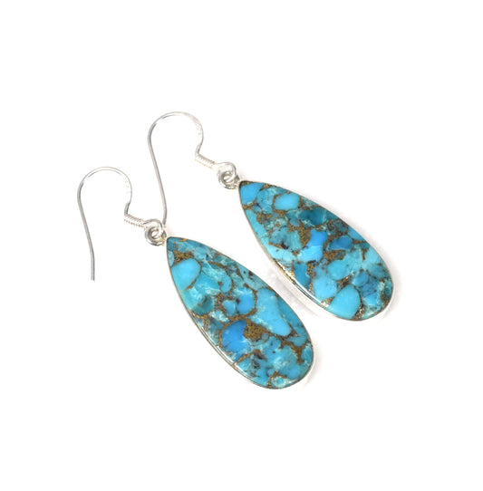 925 Solid Sterling Silver Blue Copper Turquoise Hook Earring-1.7 Inch