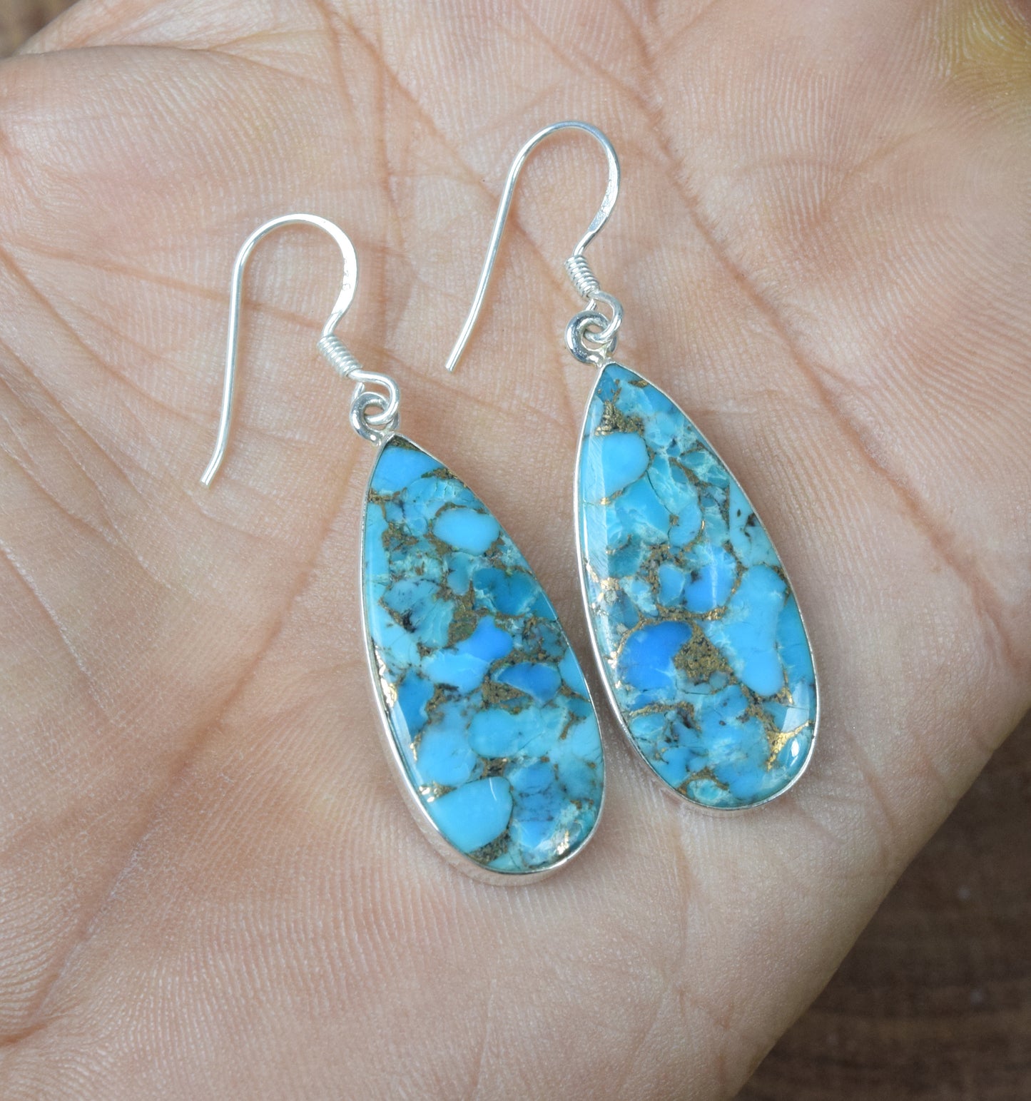 925 Solid Sterling Silver Blue Copper Turquoise Hook Earring-1.7 Inch