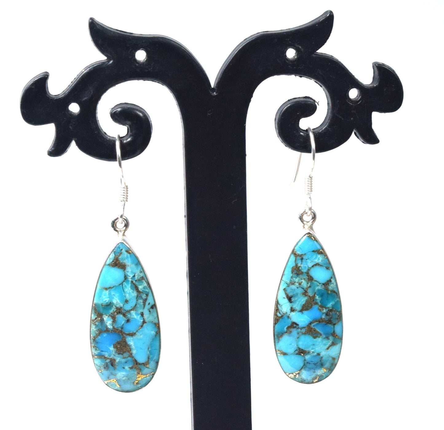 925 Solid Sterling Silver Blue Copper Turquoise Hook Earring-1.7 Inch