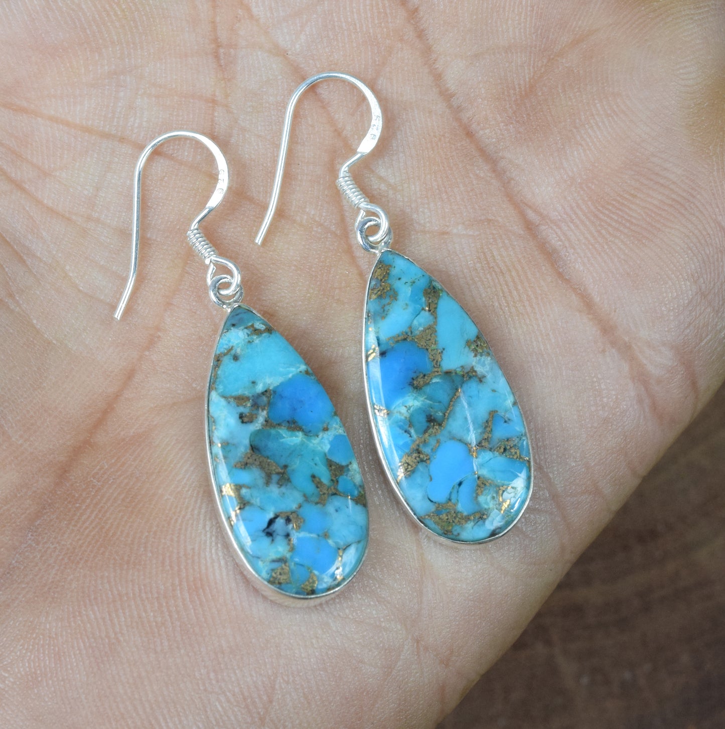 925 Solid Sterling Silver Blue Copper Turquoise Hook Earring-1.7 Inch