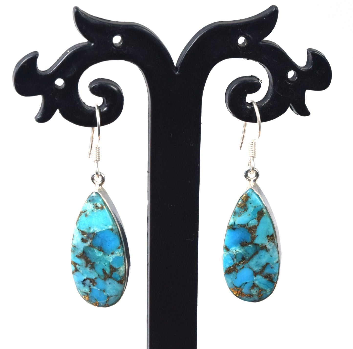 925 Solid Sterling Silver Blue Copper Turquoise Hook Earring-1.7 Inch