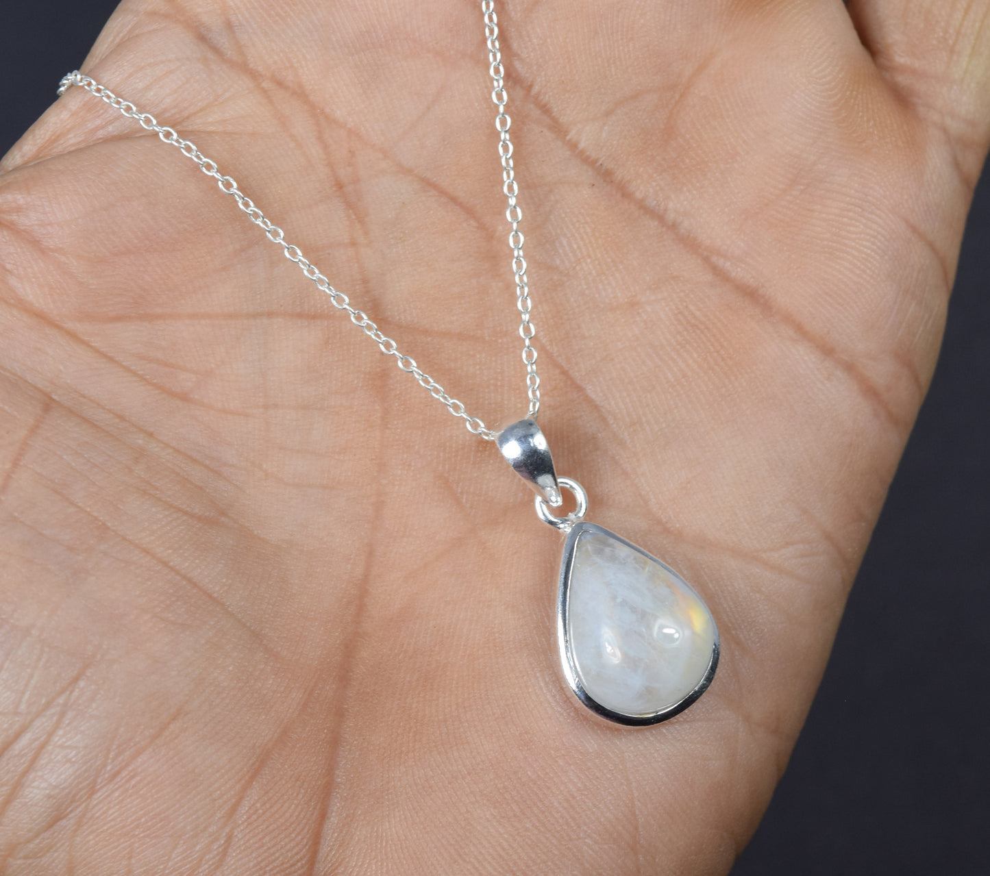 925 Solid Sterling Silver White Rainbow Moonstone Chain Pendant-19.2 Inch
