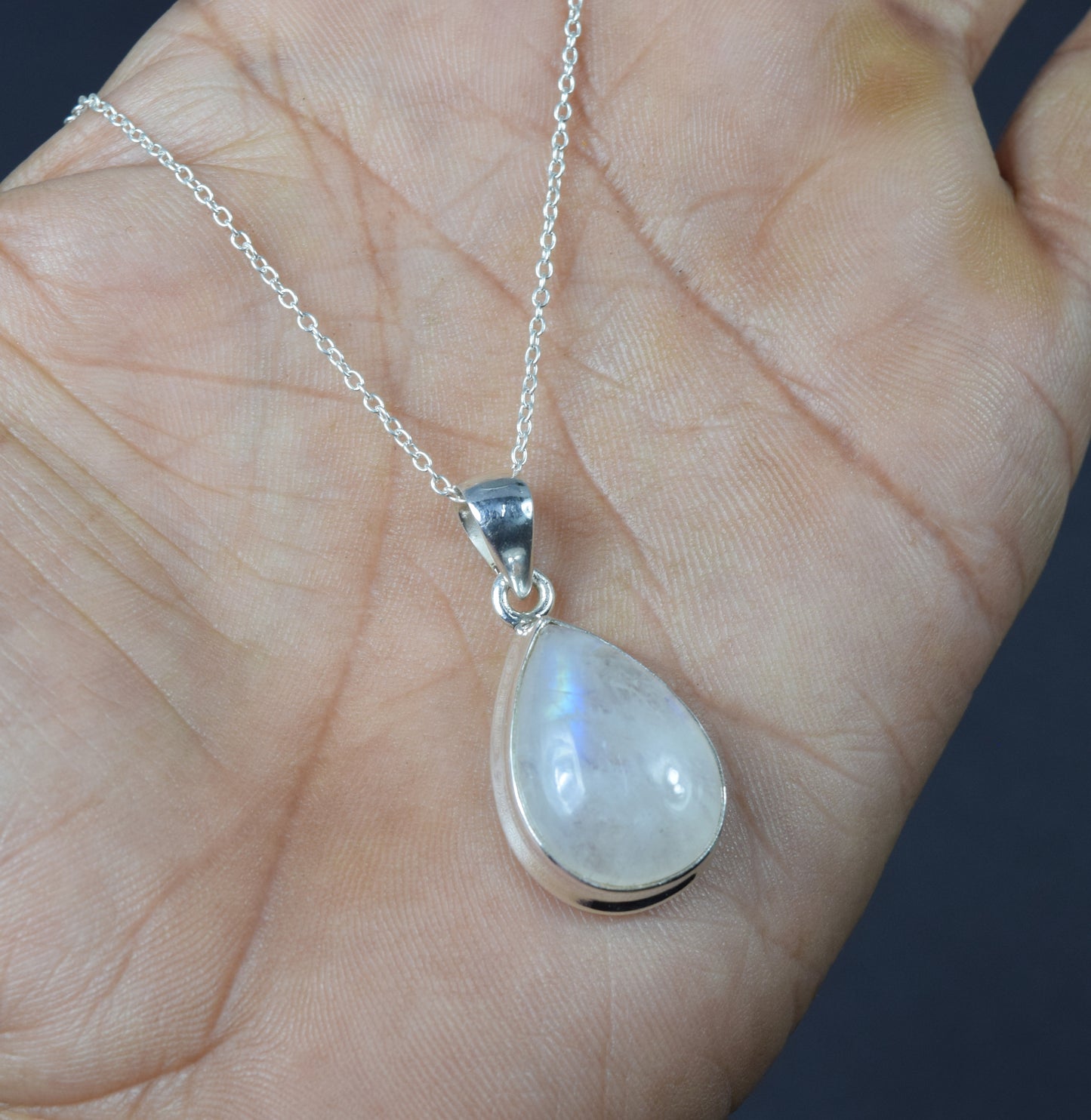 925 Solid Sterling Silver White Rainbow Moonstone Chain Pendant-19.2 Inch