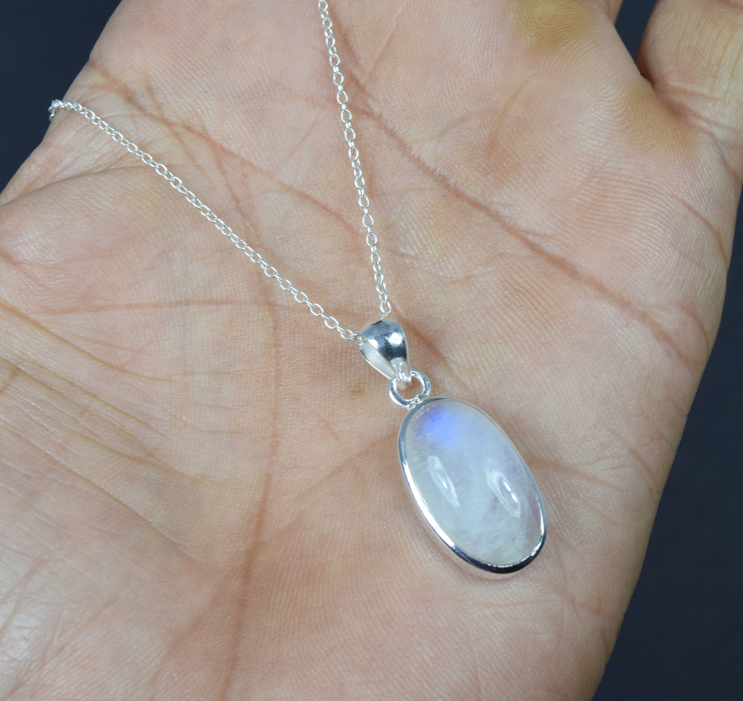 925 Solid Sterling Silver White Rainbow Moonstone Chain Pendant-19.2 Inch
