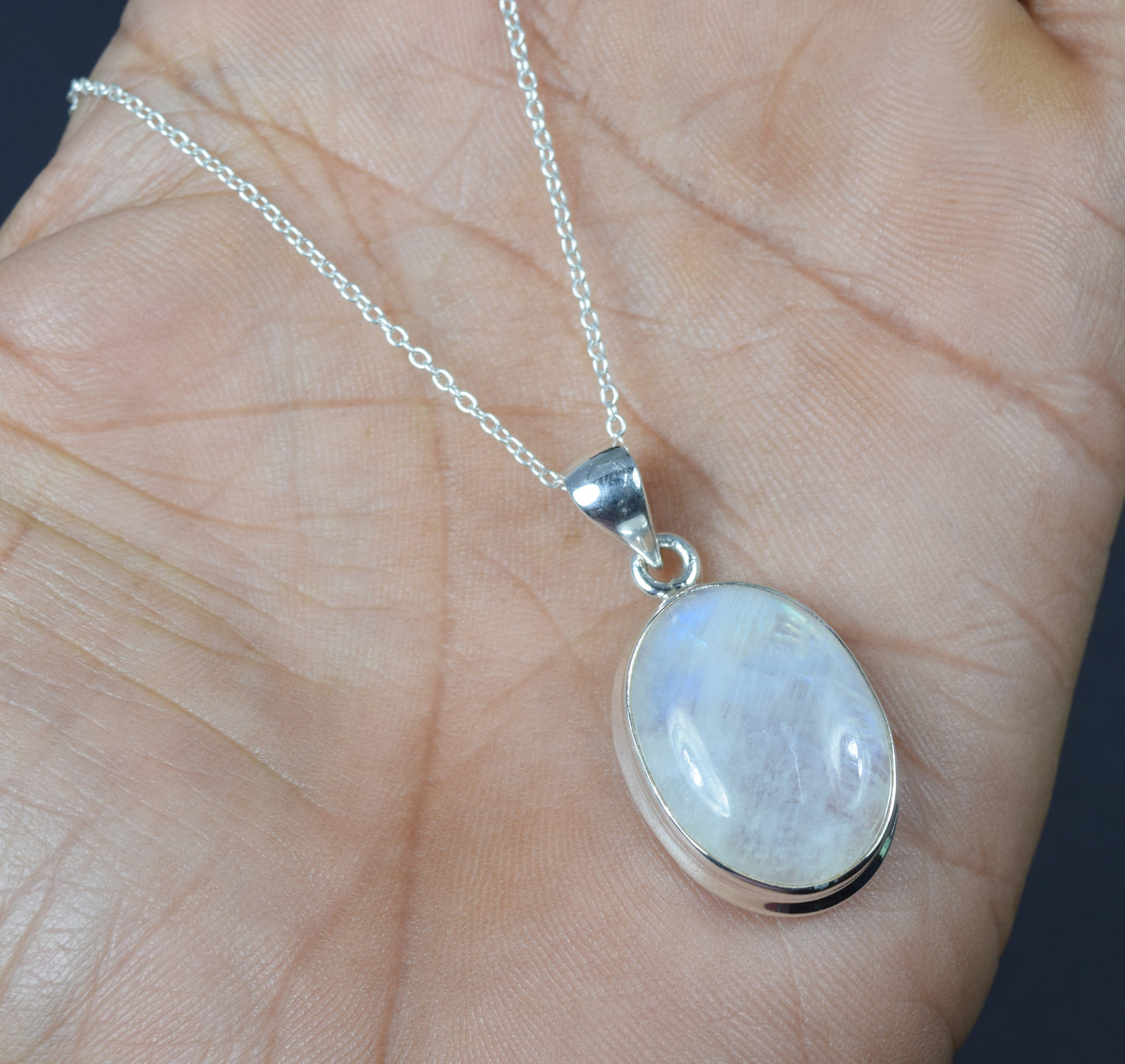 925 Solid Sterling Silver White Rainbow Moonstone Chain Pendant-19.3 Inch