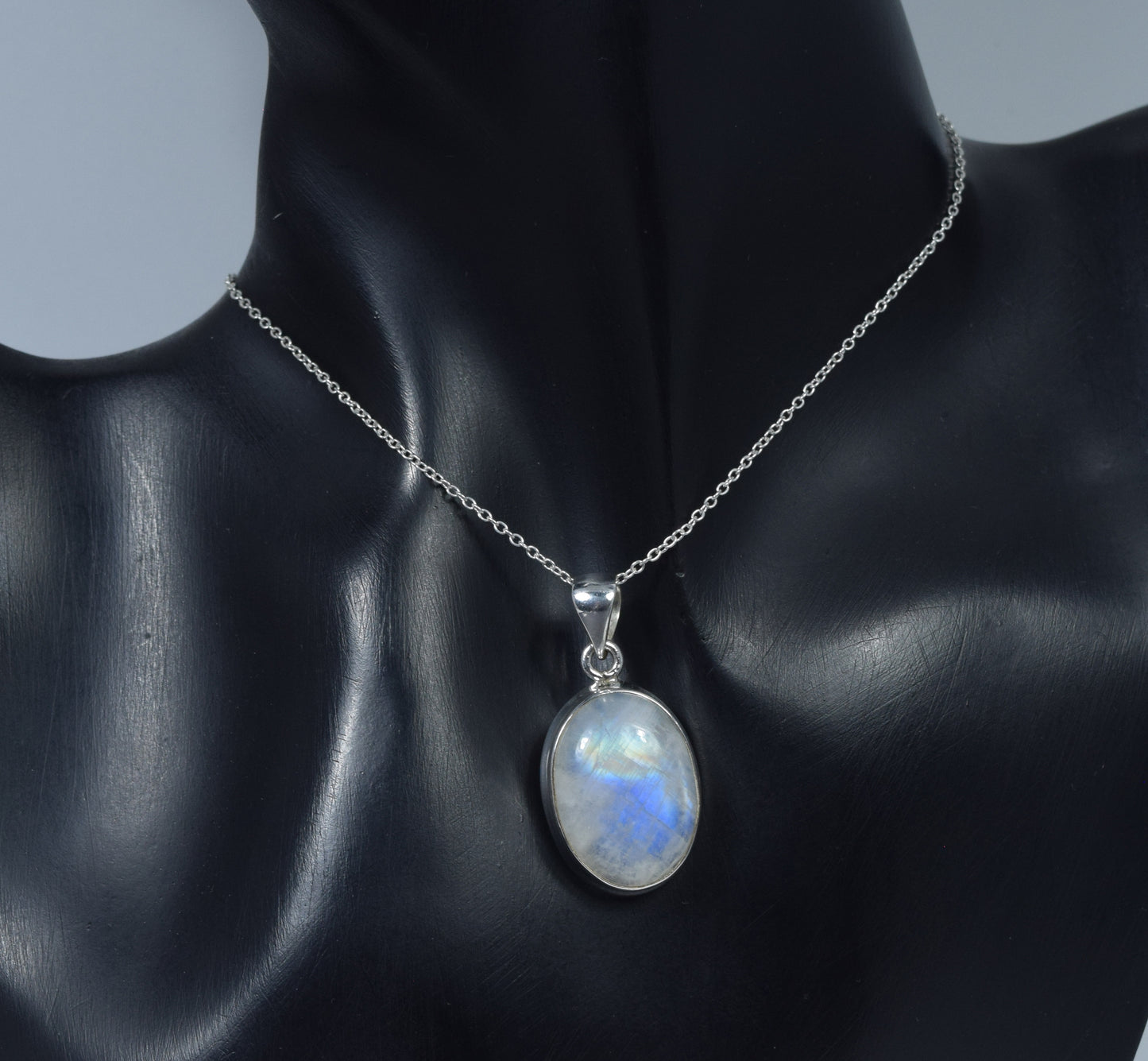 925 Solid Sterling Silver White Rainbow Moonstone Chain Pendant-19.3 Inch