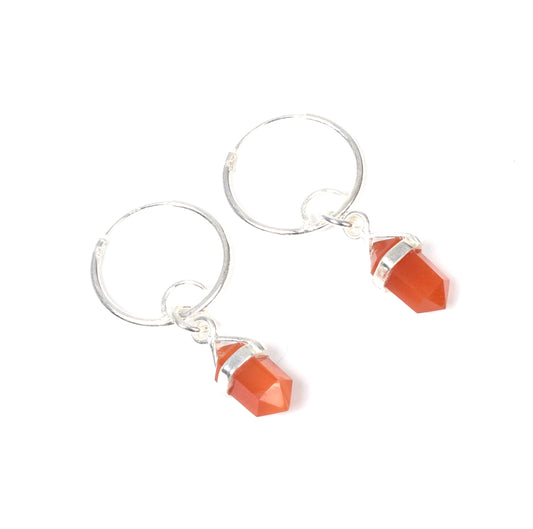 925 Solid Sterling Silver Red Carnelian Hoop Earring-1.3 Inch