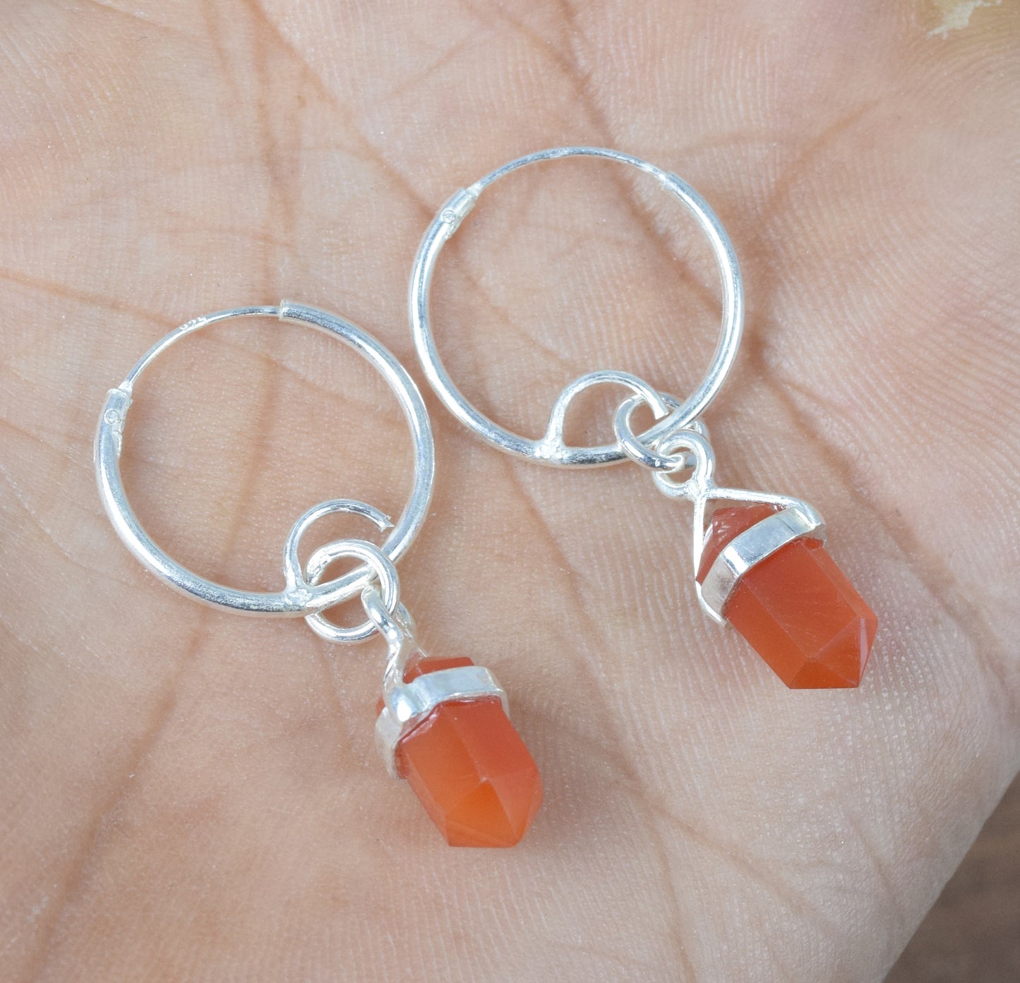 925 Solid Sterling Silver Red Carnelian Hoop Earring-1.3 Inch
