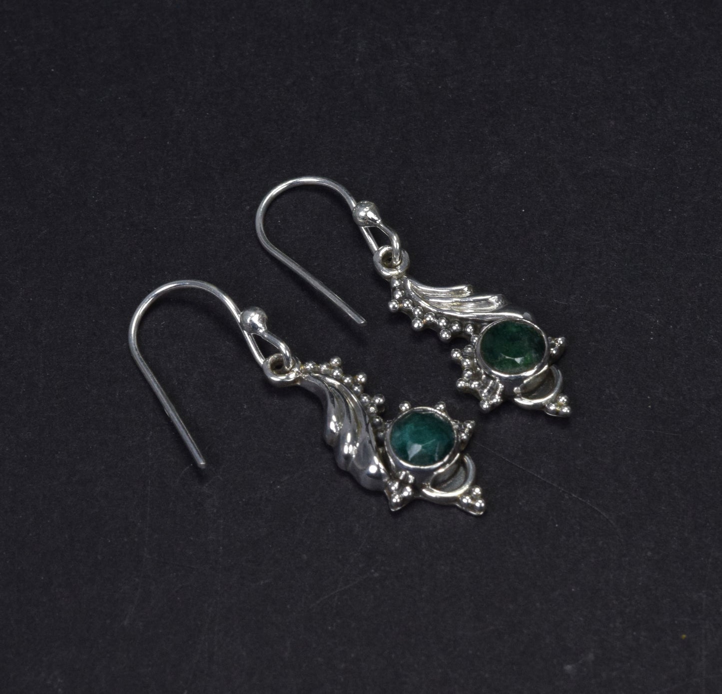 925 Solid Sterling Silver Cut Simulated Green Emerald Hook Earring-1.2 Inch
