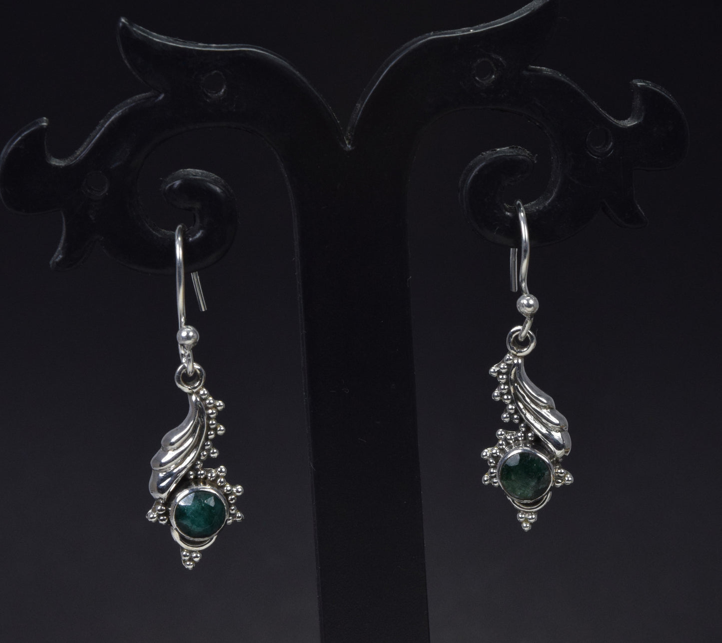 925 Solid Sterling Silver Cut Simulated Green Emerald Hook Earring-1.2 Inch