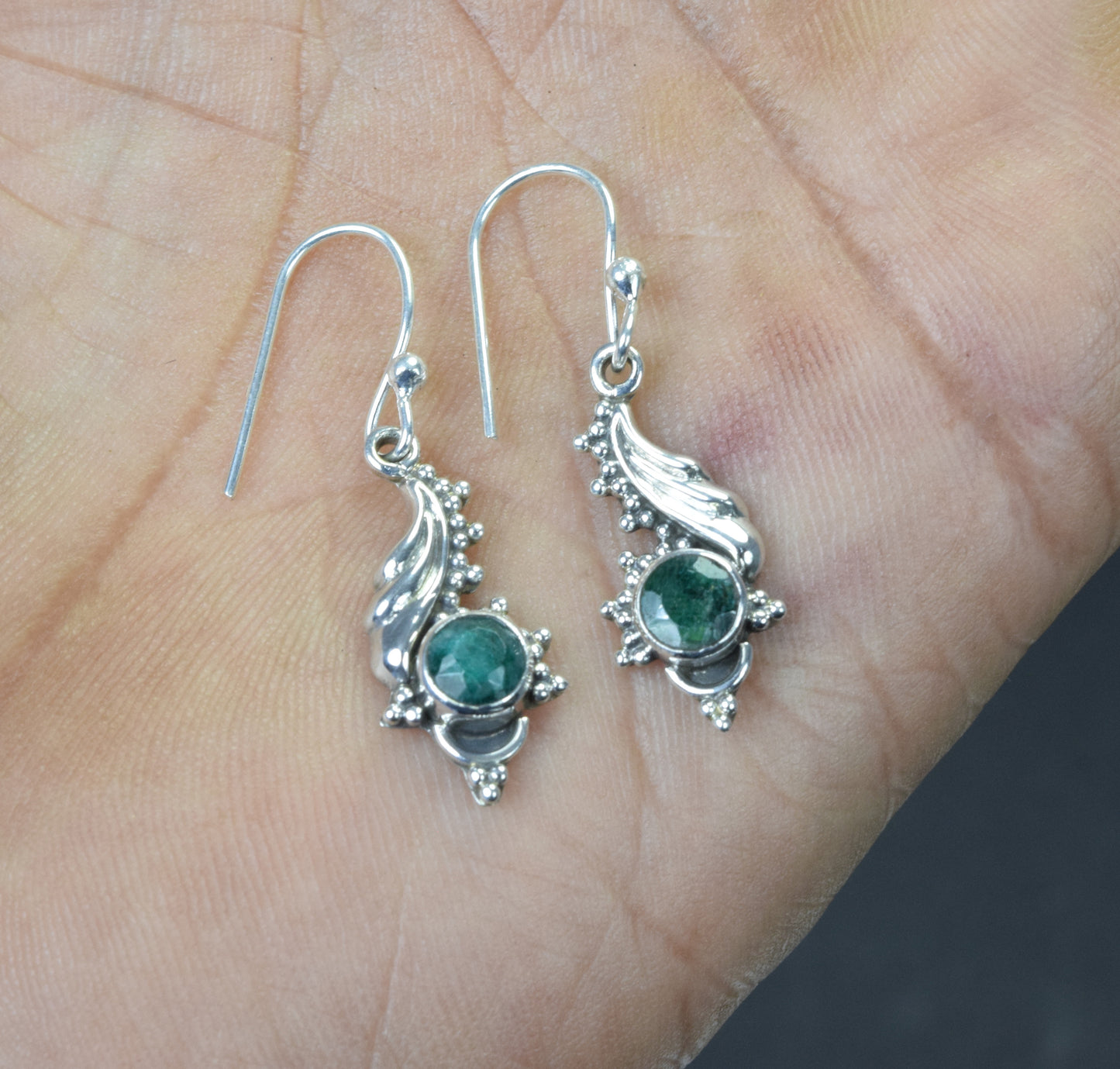 925 Solid Sterling Silver Cut Simulated Green Emerald Hook Earring-1.2 Inch