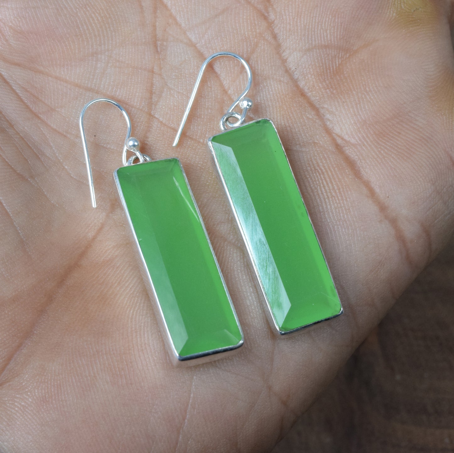 925 Solid Sterling Silver Cut Green Jade Hook Earring-1.8 Inch