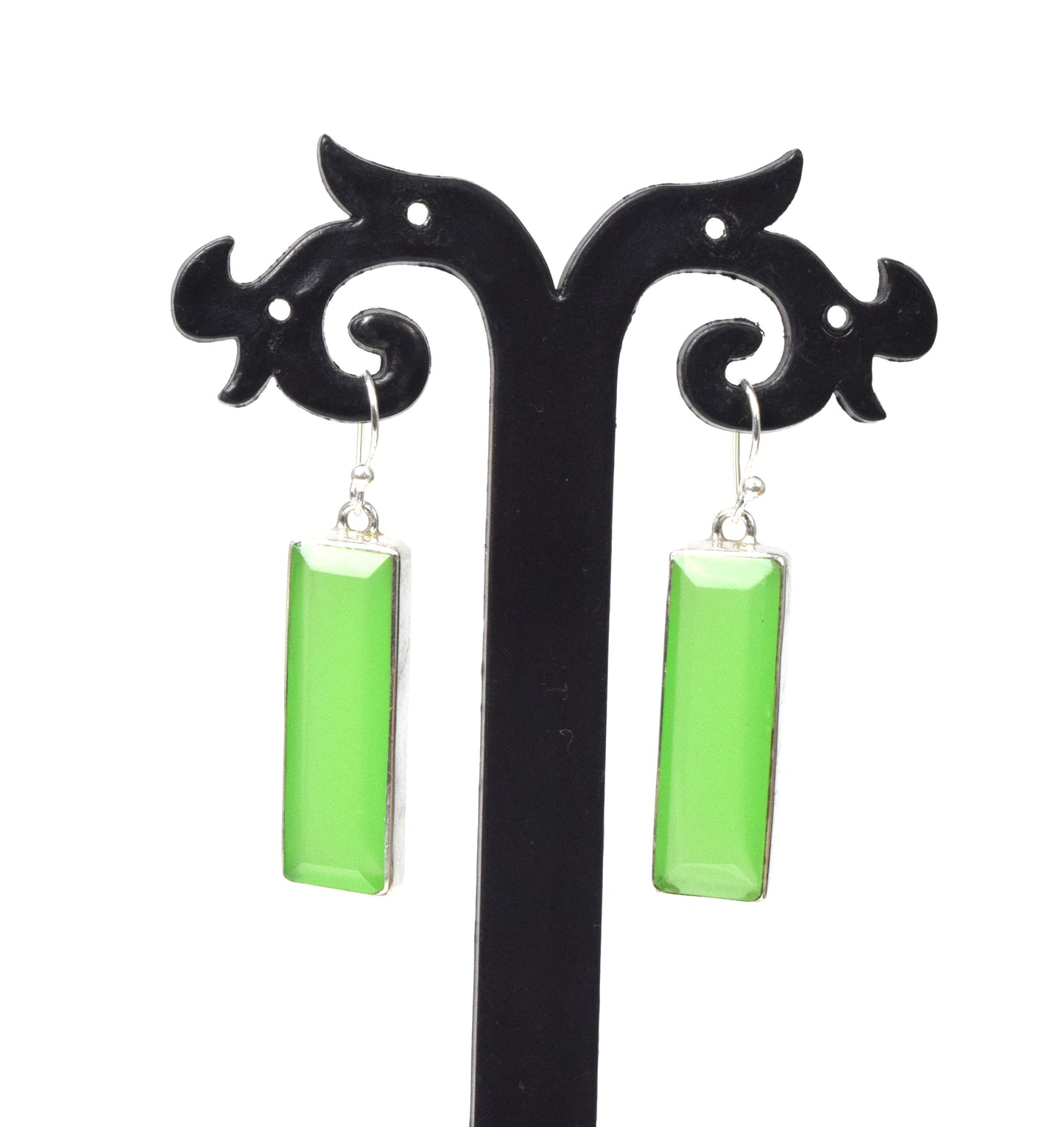 925 Solid Sterling Silver Cut Green Jade Hook Earring-1.8 Inch