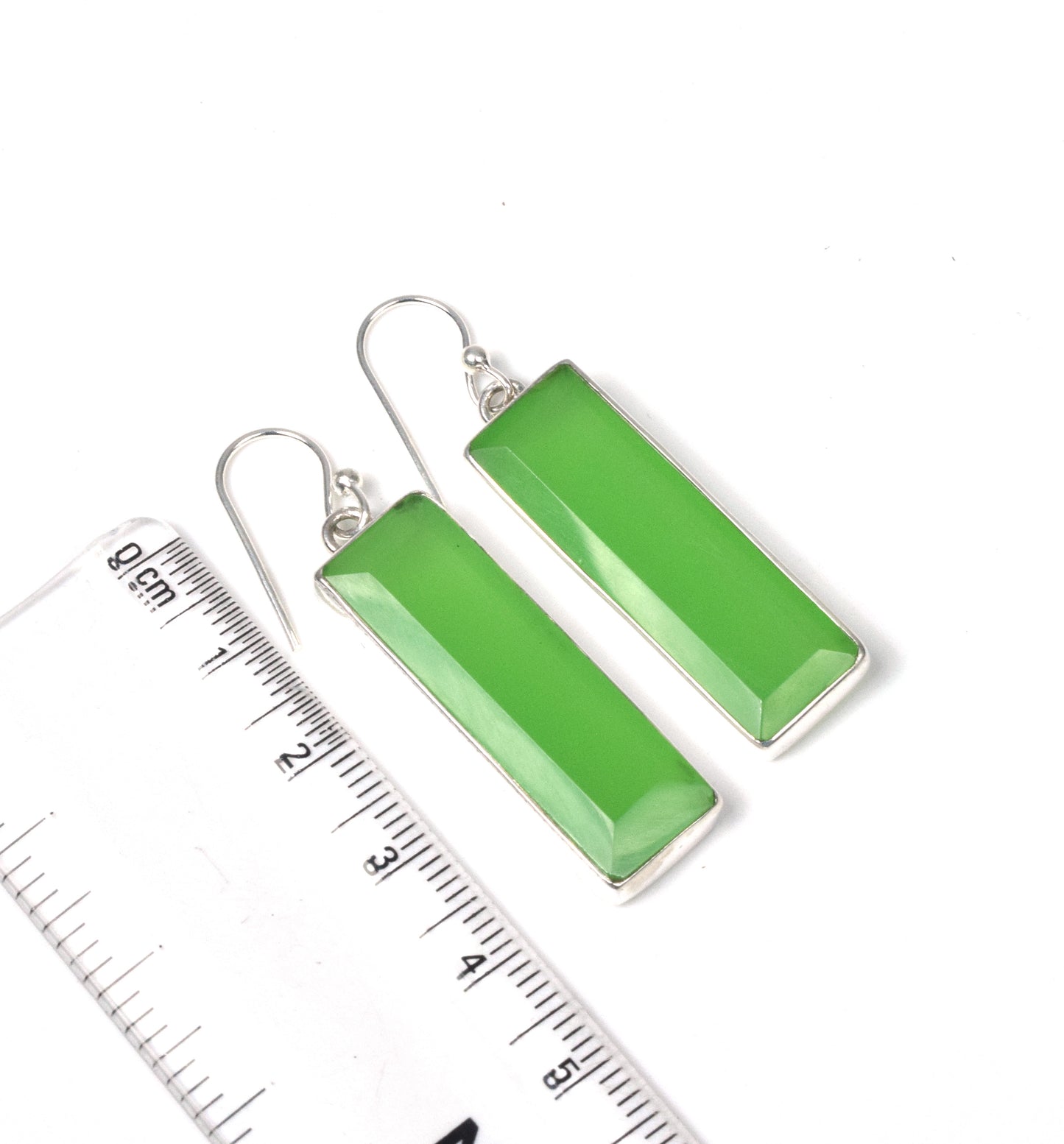 925 Solid Sterling Silver Cut Green Jade Hook Earring-1.8 Inch