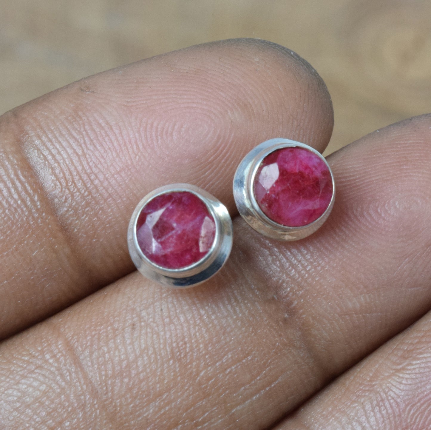 925 Solid Sterling Silver Simulated Ruby Stud Earring