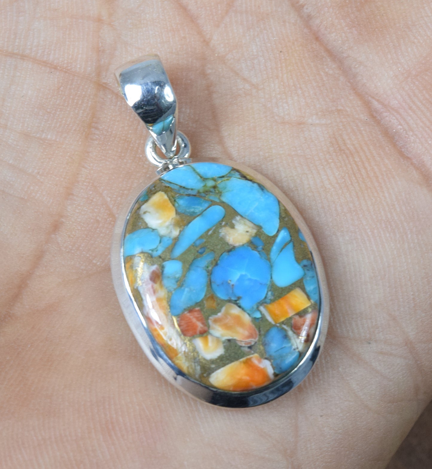 925 Solid Sterling Silver Oyster Turquoise Pendant-1.5 Inch