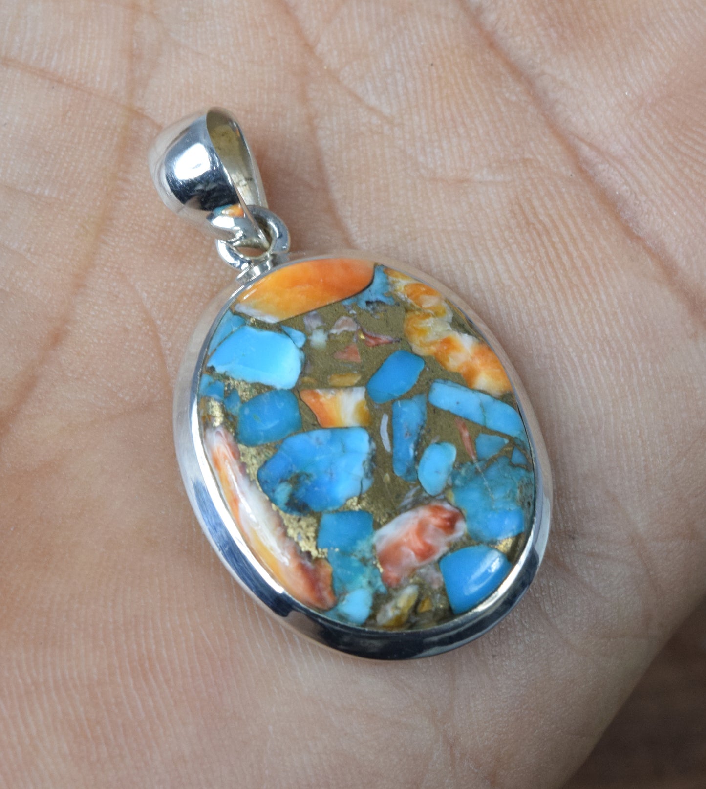 925 Solid Sterling Silver Oyster Turquoise Pendant-1.5 Inch