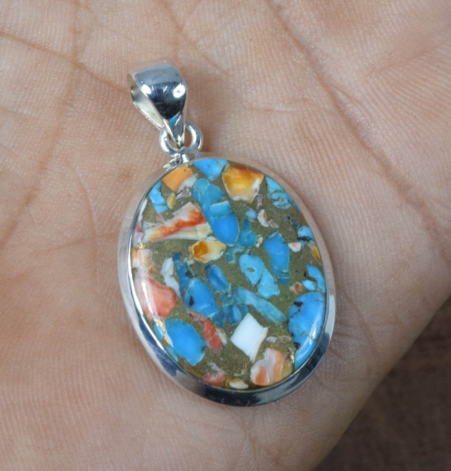 925 Solid Sterling Silver Oyster Turquoise Pendant-1.5 Inch