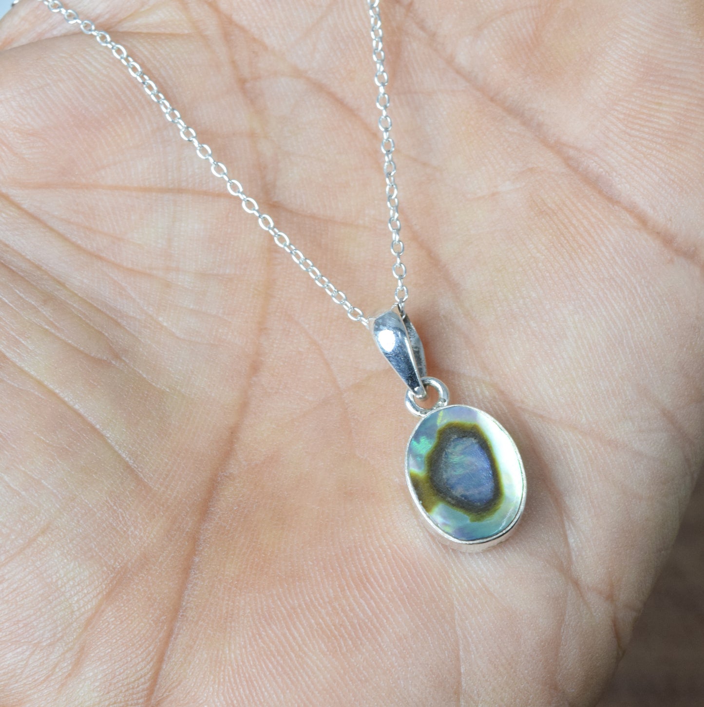 925 Solid Sterling Silver Abalone Shell Chain Pendant-19 Inch