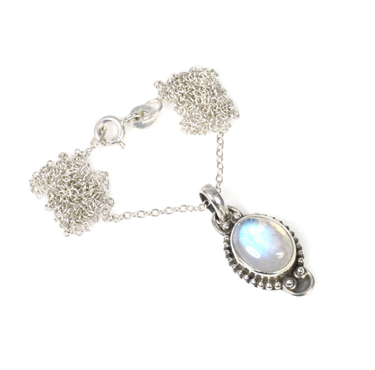 925 Solid Sterling Silver White Rainbow Monstone Chain Pendant-19 Inch