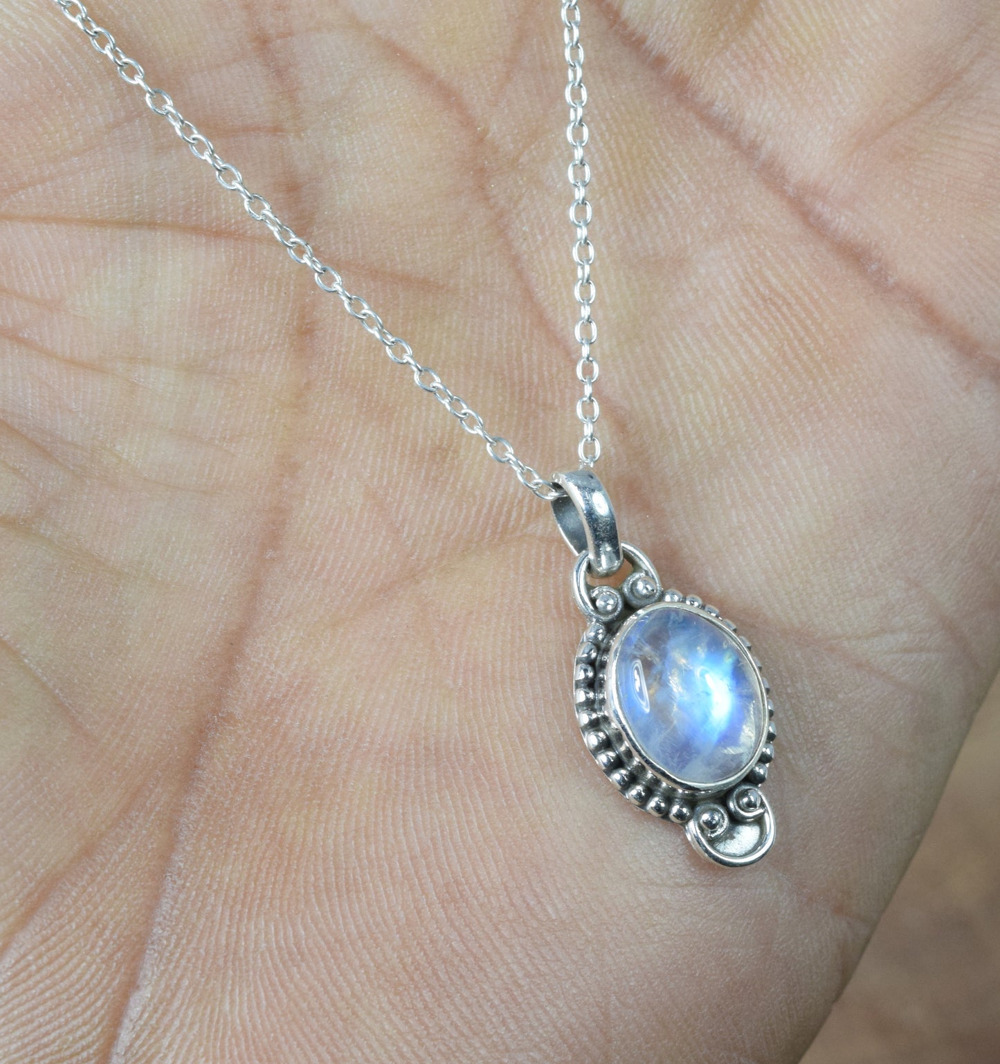 925 Solid Sterling Silver White Rainbow Monstone Chain Pendant-19 Inch