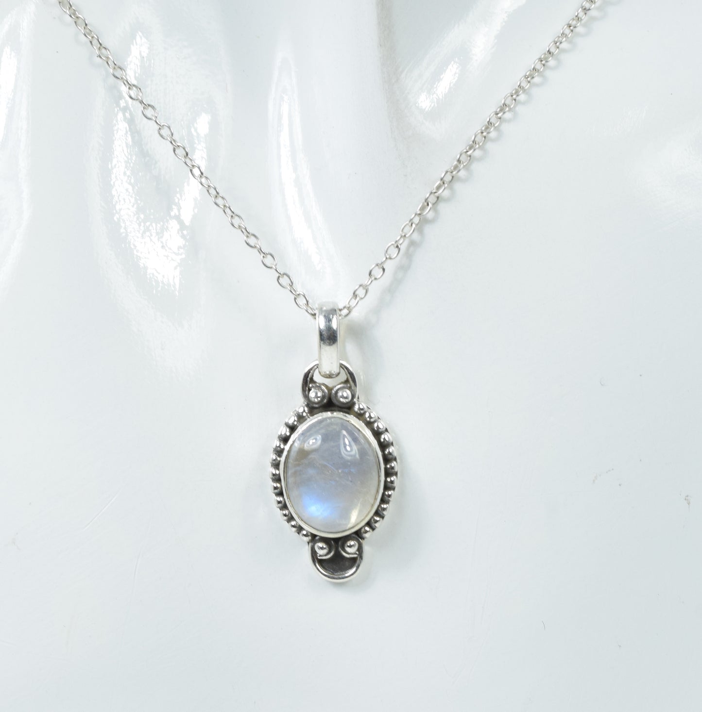 925 Solid Sterling Silver White Rainbow Monstone Chain Pendant-19 Inch