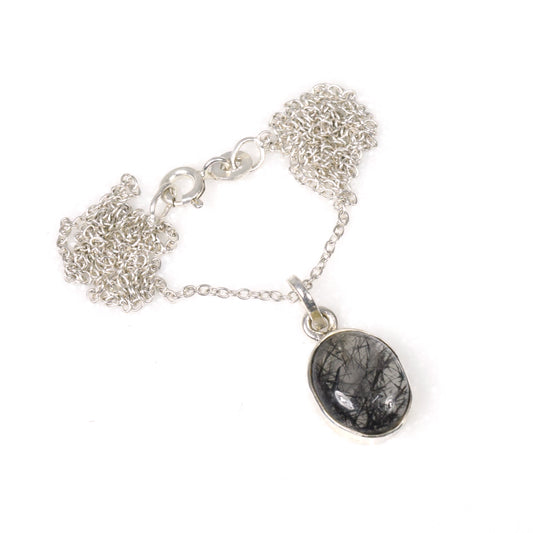925 Solid Sterling Silver Black Rutile Chain Pendant-18.8 Inch
