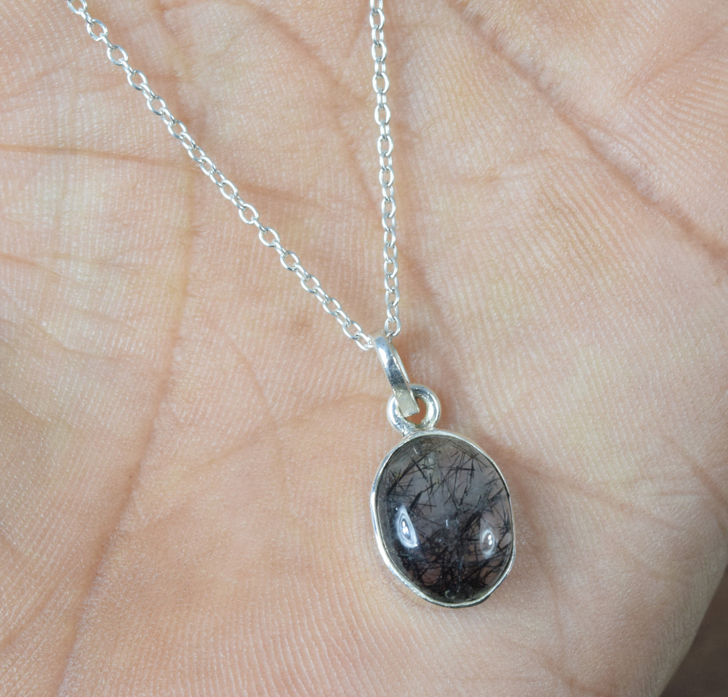 925 Solid Sterling Silver Black Rutile Chain Pendant-18.8 Inch
