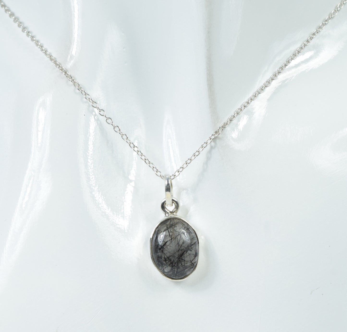 925 Solid Sterling Silver Black Rutile Chain Pendant-18.8 Inch