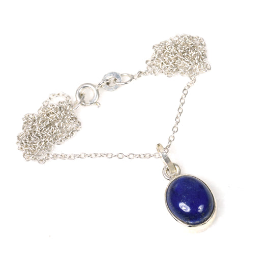 925 Solid Sterling Silver Blue Lapis Lazuli Chain Pendant-18.6 Inch
