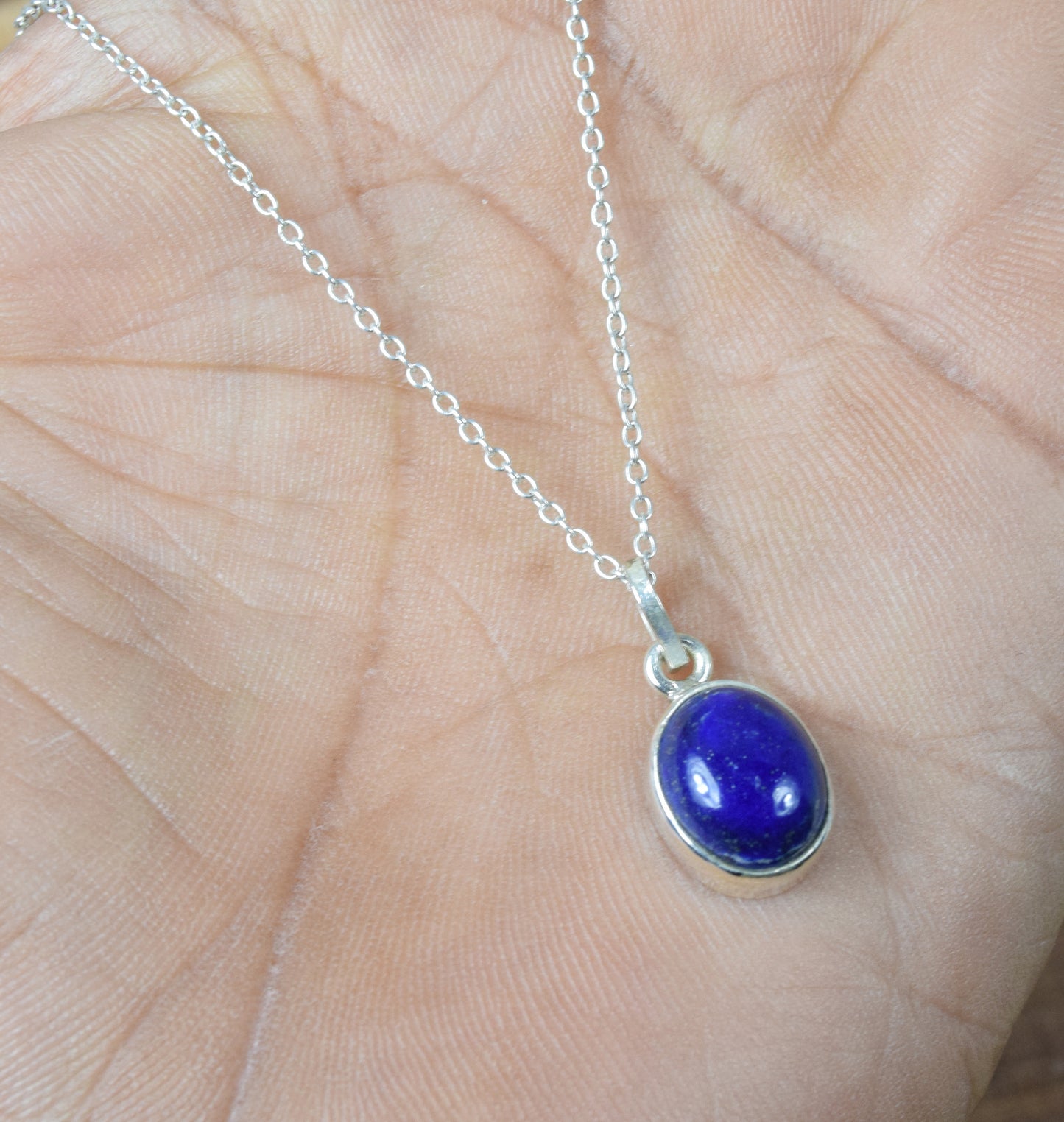 925 Solid Sterling Silver Blue Lapis Lazuli Chain Pendant-18.6 Inch