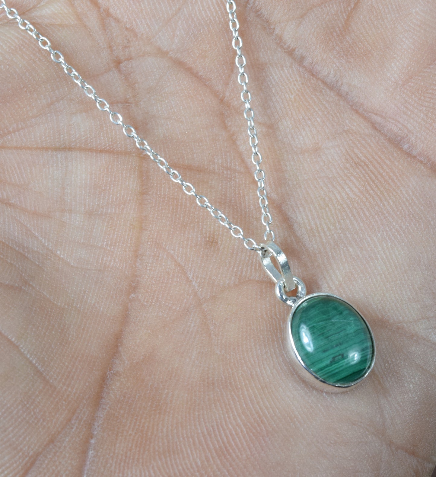 925 Solid Sterling Silver Green Malachite Chain Pendant-18.7 Inch
