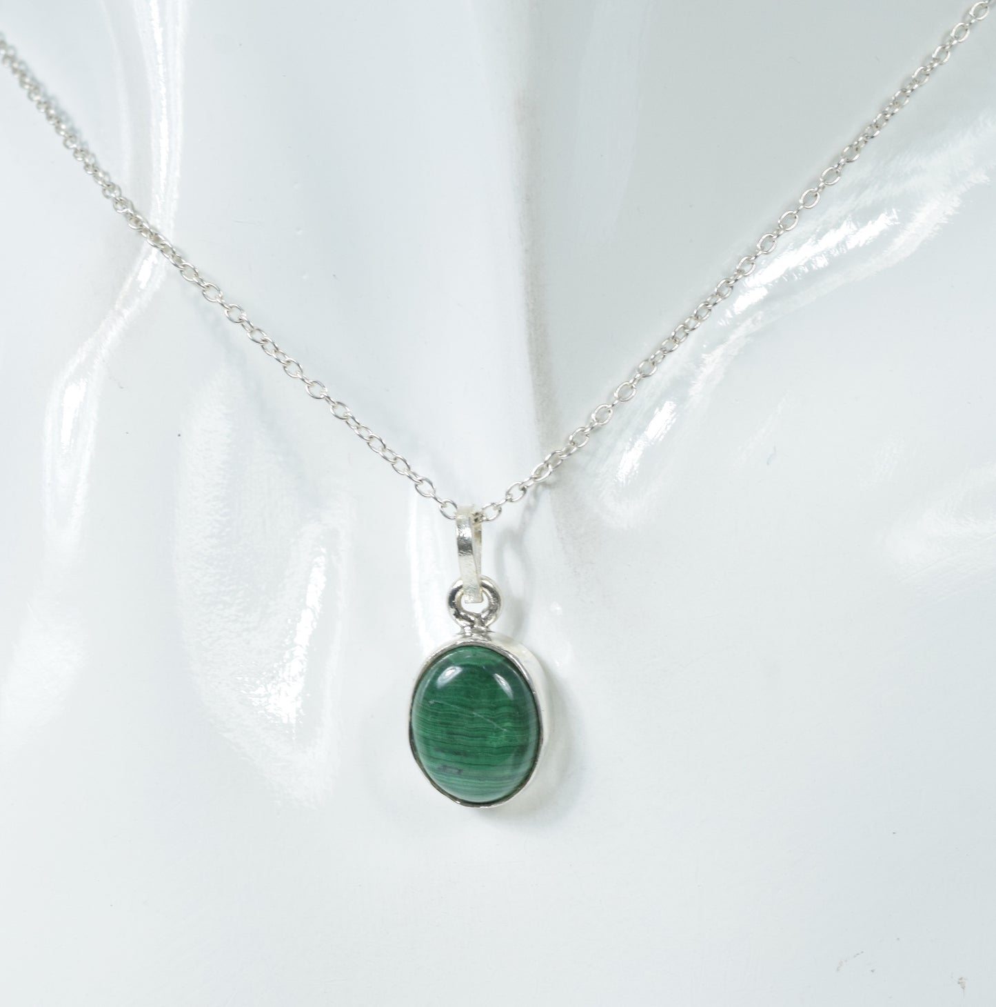 925 Solid Sterling Silver Green Malachite Chain Pendant-18.7 Inch