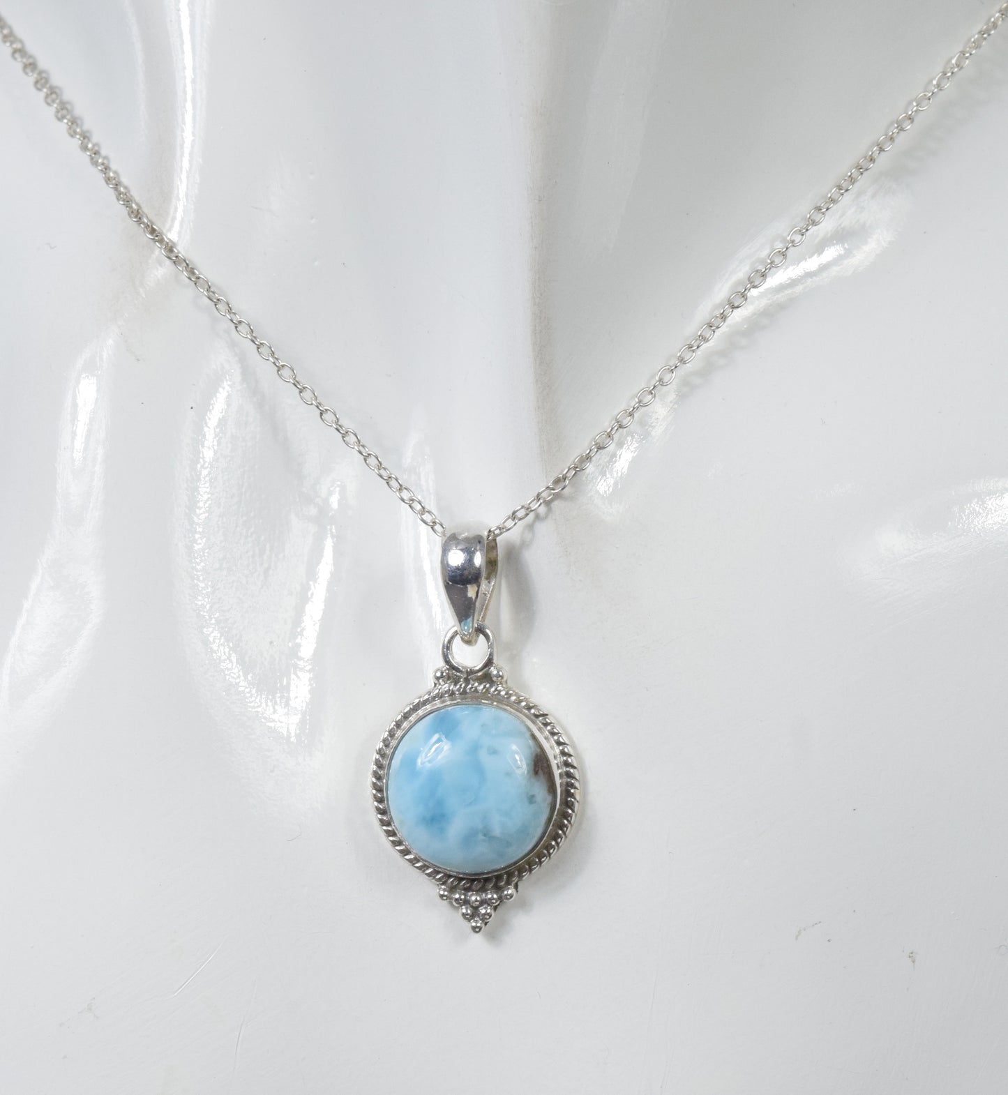 925 Solid Sterling Silver Blue Larimar Chain Pendant-19 Inch